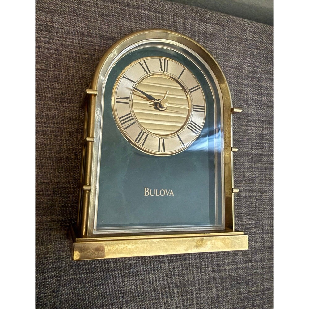 Vintage Faux Green Marble Bulova Small Desktop Clock w/ Brass Accents
